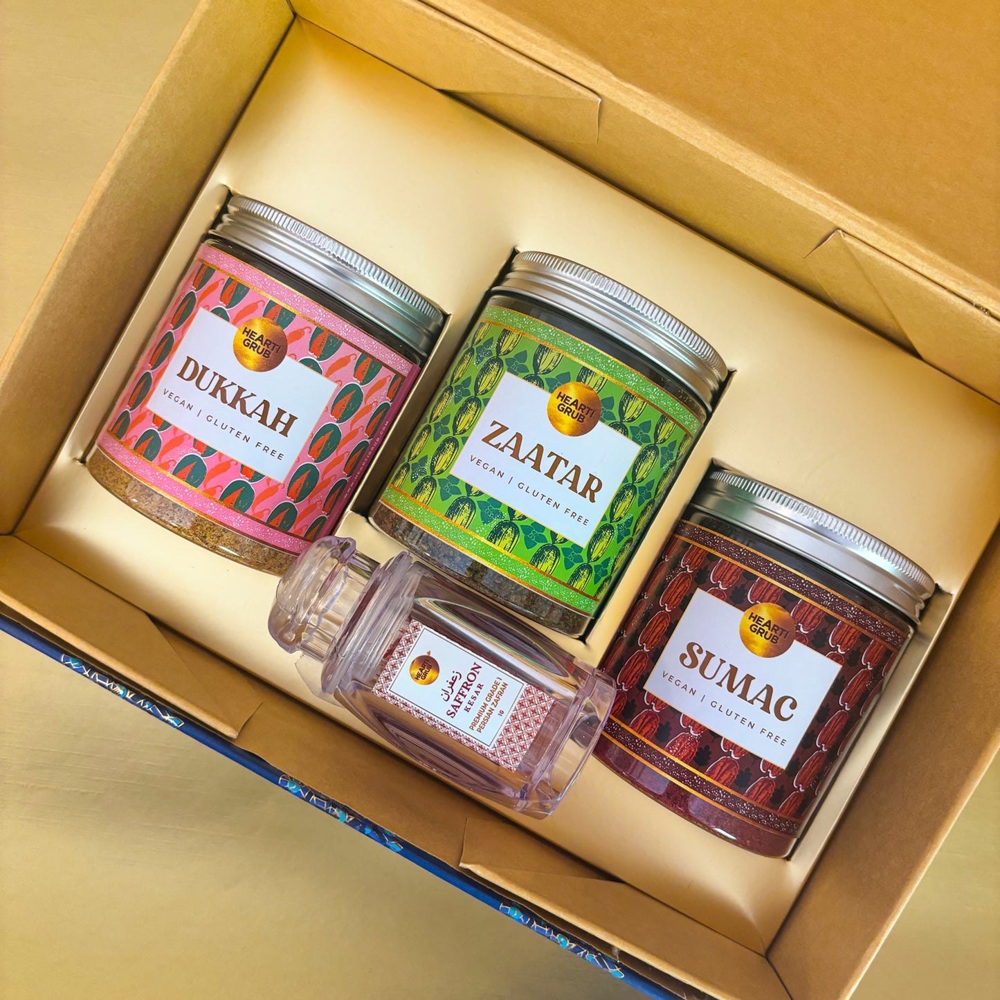 LETS BREW Spice Souk Box – Dukkah, Sumac & Zaatar, and Grade A Pure Saffron strands perfect for sprinkling, roasting, or gifting. Middle Eastern flavours in one box. Handmade pure spices. Handcrafted luxury. HeartiGrub. ramadan and Eid gifts.