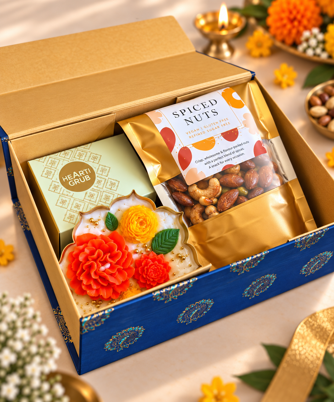 Celebrate Ganesh Chaturthi with handcrafted besan laddoos, paan khajurs and date and nut balls. And with our elegant Marigold Urli Candles — a premium festive gift blending wellness, tradition and light.Made in Dubai, UAE