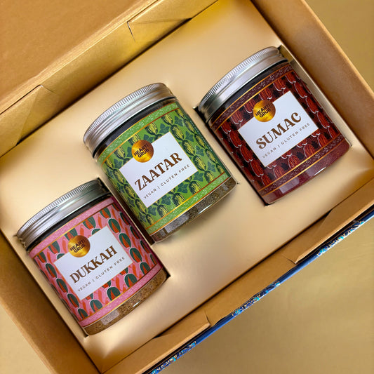 LETS BREW Spice Souk Box – Dukkah, Sumac & Zaatar, perfect for sprinkling, roasting, or gifting. Middle Eastern flavours in one box. Handmade pure spices. Handcrafted luxury. HeartiGrub