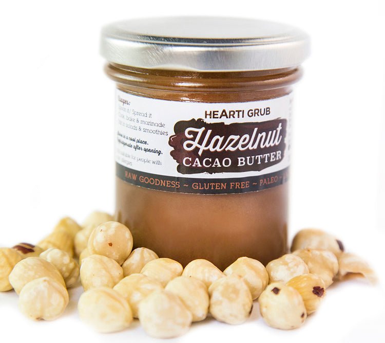 CACAO HAZELNUT BUTTER by HEARTIGRUB. RAW CACAO, TURKISH HAZELNUTS, HINT OF HONEY. THE BETTER HAZELNUT SPREAD. By HEARTIGRUB