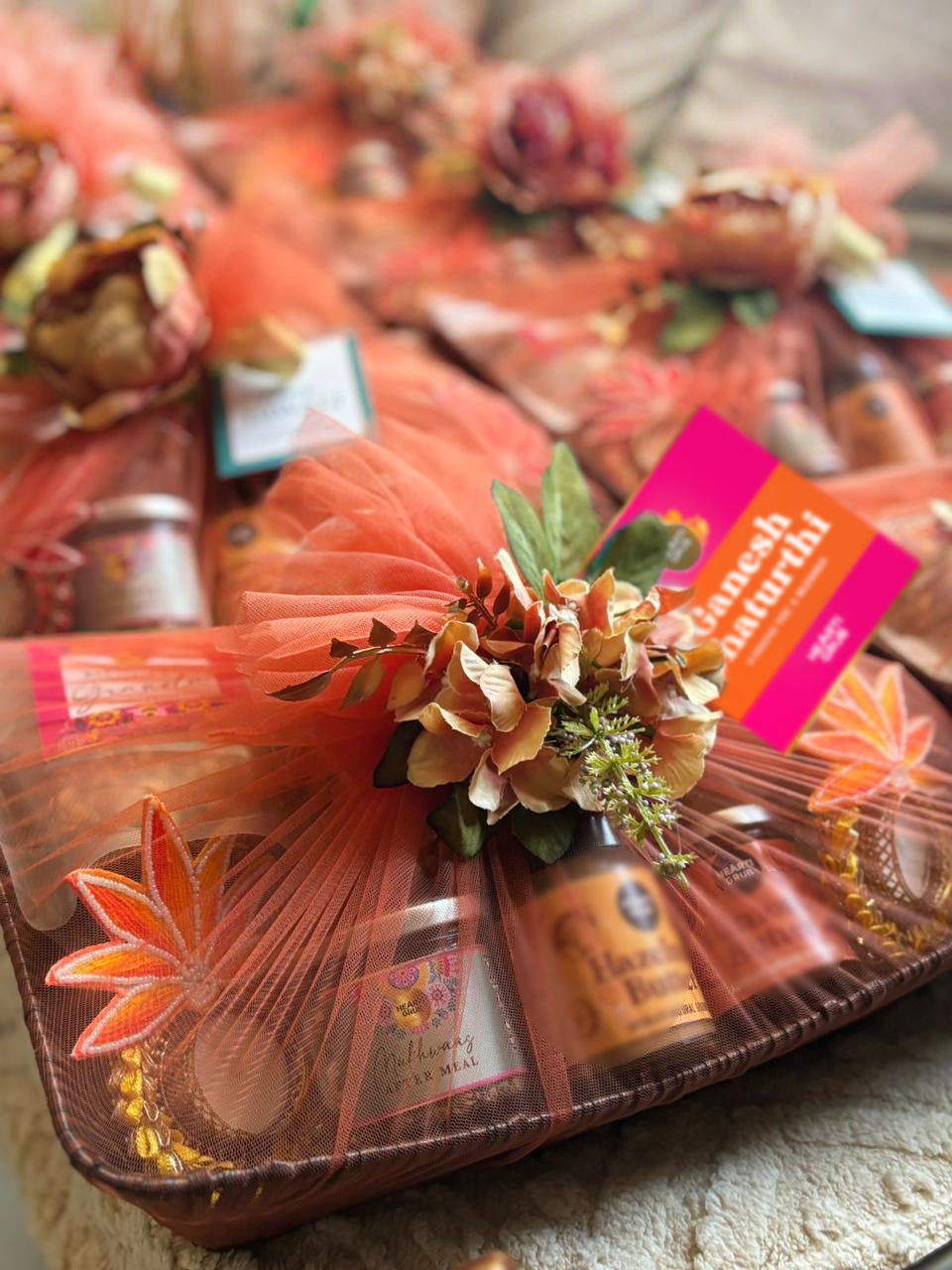 Gift set with Modak, Ganesh Chaturthi items. Ganesh Chaturthi. Gifting. Made in Small Batches. Deliciously Decadent. Vegan Gluten Free Refined Sugar Free. Delicious Modak. Nuts. Delivery throughout U.A.E. HeartiGrub