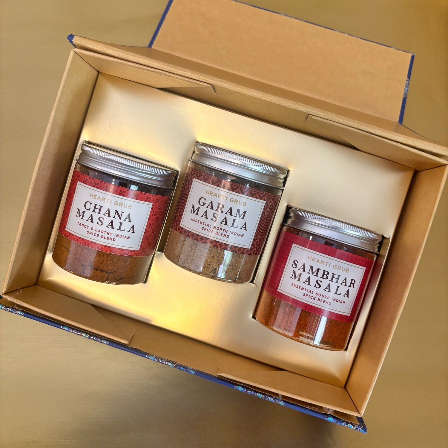 Our Indian Spice Box. Gifting. Sambhar masala, Chana Masala, garam masala. HeartiGrub, spices handmade in UAE. 