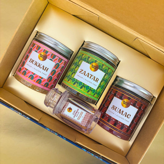 LETS BREW Spice Souk Box – Dukkah, Sumac & Zaatar, and Grade A Pure Saffron strands perfect for sprinkling, roasting, or gifting. Middle Eastern flavours in one box. Handmade pure spices. Handcrafted luxury. HeartiGrub. ramadan and Eid gifts.