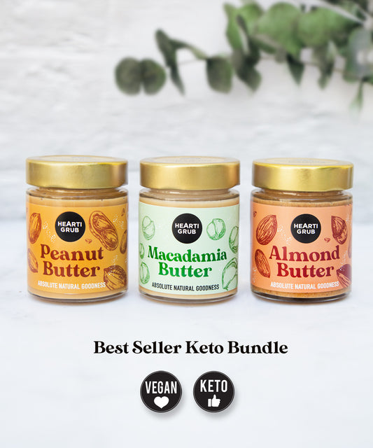 KETO NUT BUTTER BUNDLE. Artisanal Nut butters. Peanut Butter. Macadamia Butter. Almond Butter. Made in Dubai. UAE. HeartiGrub. Shop Local
