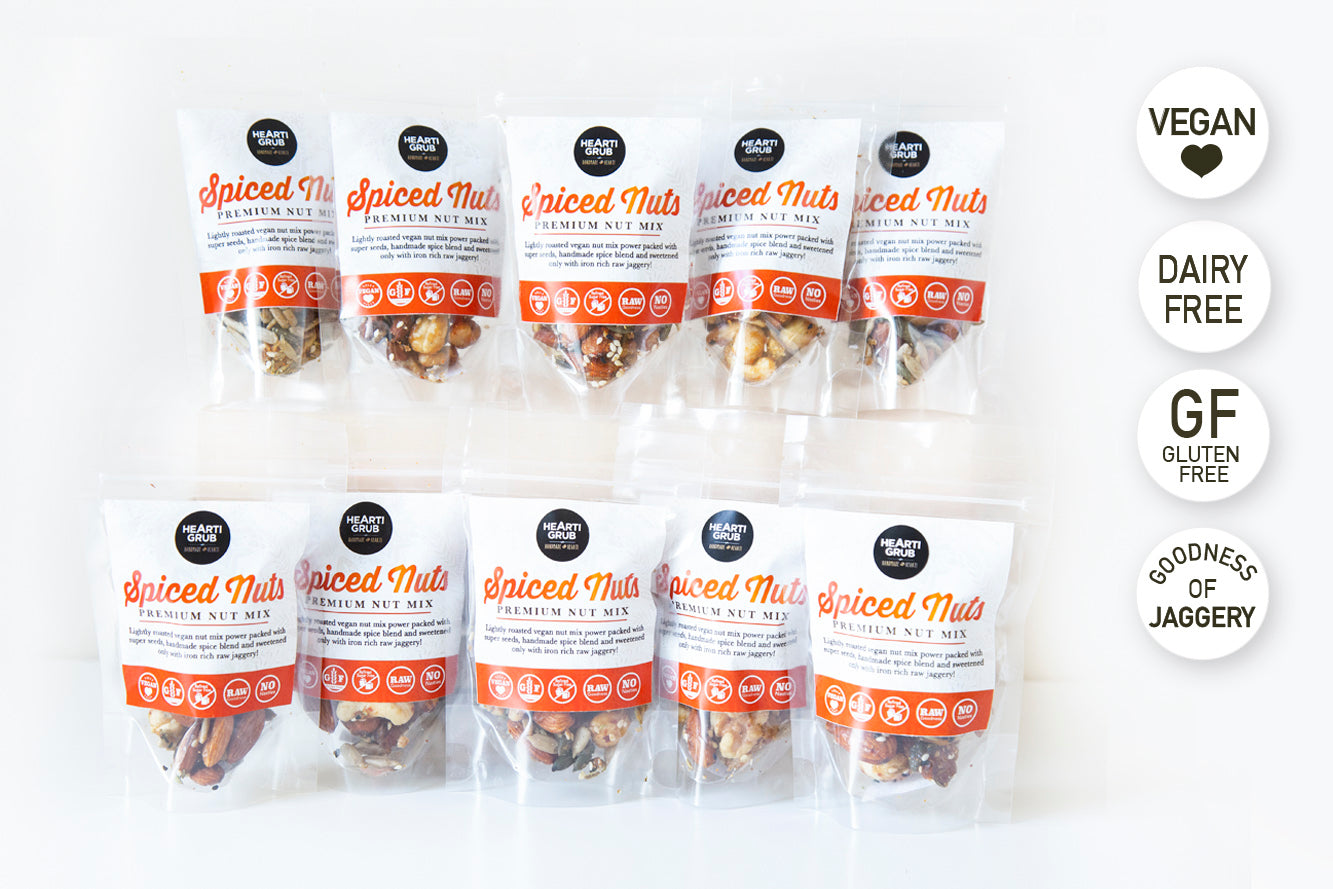 SPICED NUTS TO GO PACKS. VEGAN. NUTS. HEARTIGRUB. MADE IN UAE. WE DELIVER